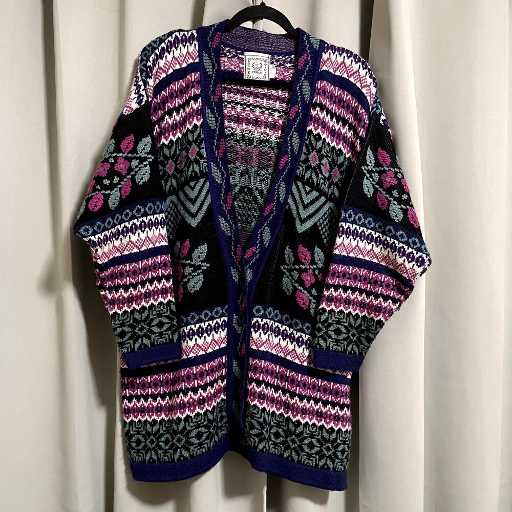 Vintage 80's Forelli Oversize Folk Art Floral Knit Cardigan